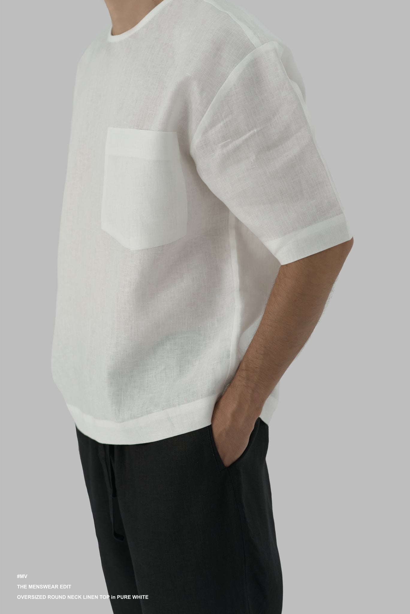OVERSIZED ROUND NECK LINEN TOP in PURE WHITE